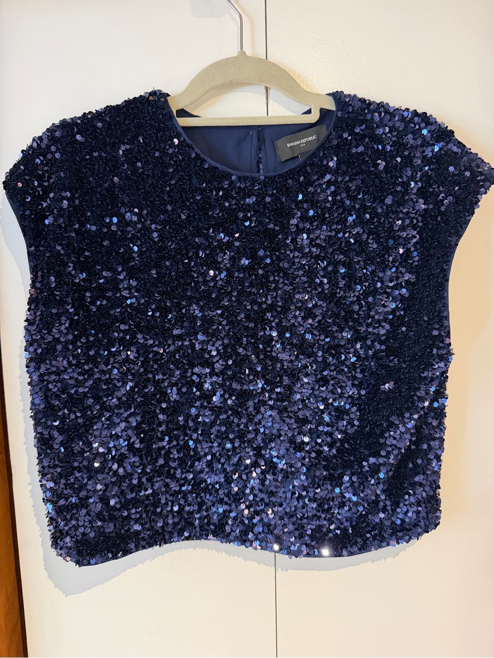 Navy Sequin Cap-Sleeve Sparkly Disco Chic Crop Top Banana Republic Size Medium